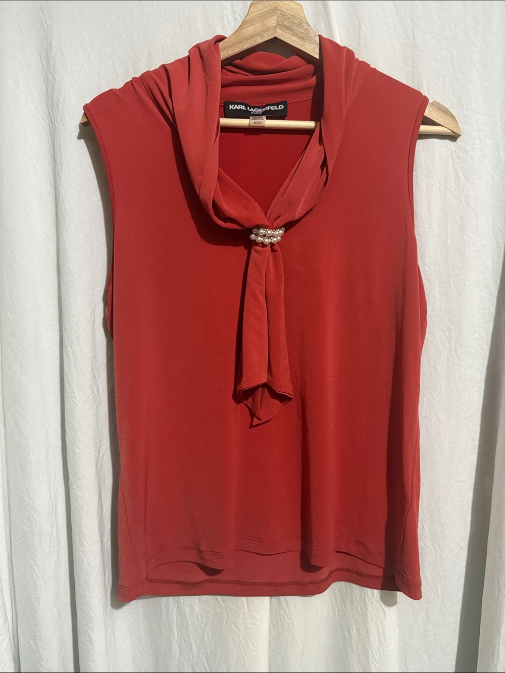 Karl Lagerfeld Red Sleeveless Scarf-Neck Tank with Pearl Detail